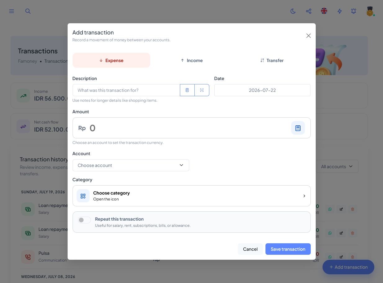Form tambah transaksi, transfer, dan recurring transaction Famoney